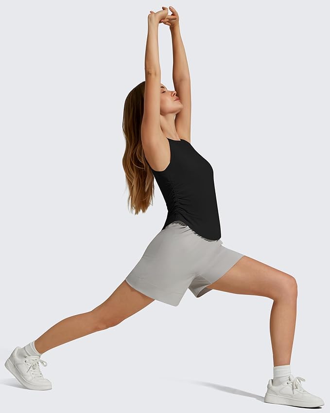 G4Free Lyocell Ruched Side Workout Tank Tops Woman High Neck Waist Length Gym Tanks Soft Relaxed Fit for Training