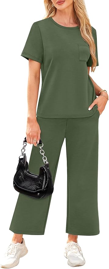 WIHOLL 2 Piece Sets for Women Casual Summer Travel Vacation Outfits Short Sleeve Wide Leg Crop Pants Lounge Sets