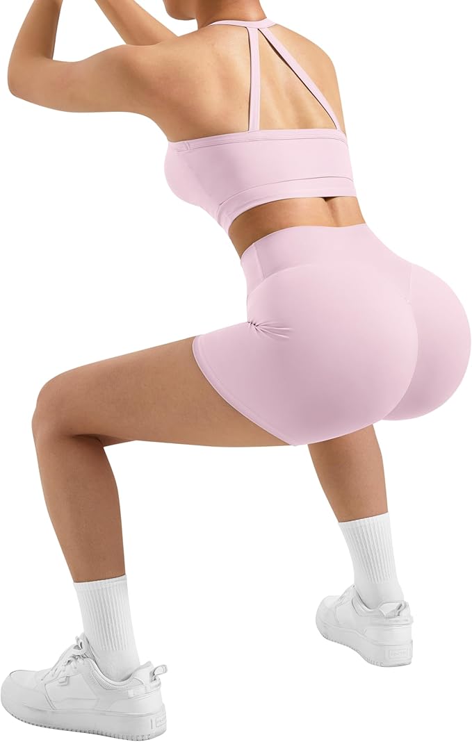 SUUKSESS Women 2 Piece Workout Sets High Waisted Tummy Control Biker Shorts Halter Padded Tank Tops
