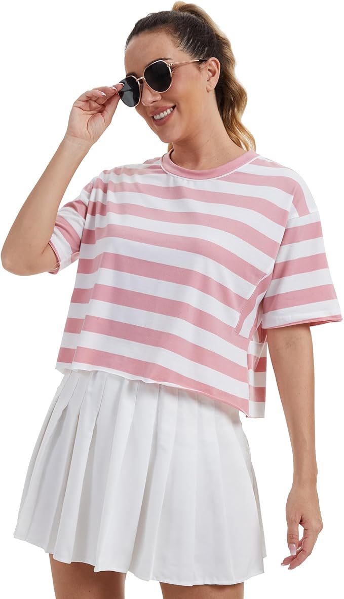 Women's Oversize Workout Crop Tops Casual Short Sleeve Drop Shoulder Boxy T-Shirts Roll Hem Basic Loose Yoga Running Tees