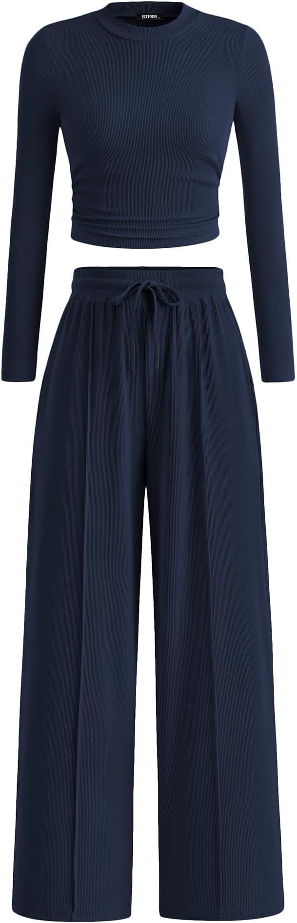 BTFBM Casual 2 Piece Sets For Women Fall Outfits 2026 Ribbed Spring Long Sleeve Crop Top Wide Leg Pants Matching Lounge Set