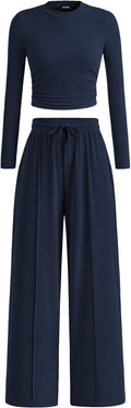 BTFBM Casual 2 Piece Sets For Women Fall Outfits 2026 Ribbed Spring Long Sleeve Crop Top Wide Leg Pants Matching Lounge Set