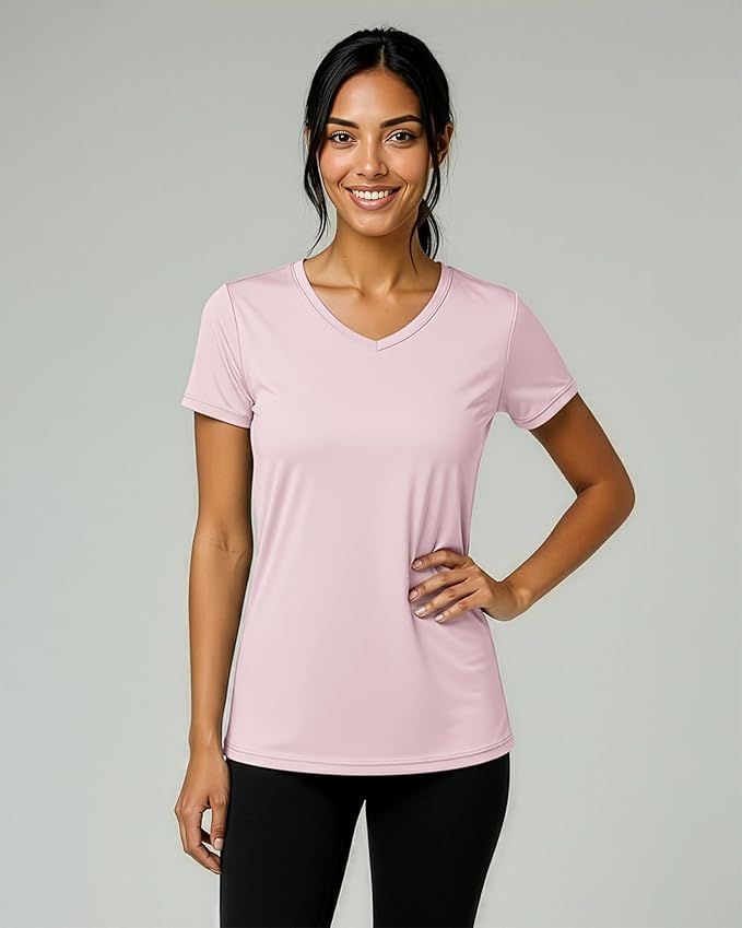 Real Essentials 5 Pack: Women's Dry-Fit Short Sleeve V Neck T Shirt Workout Fitness Yoga Top Tee (Available in Plus Size)