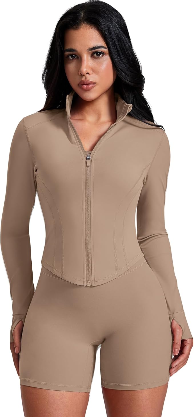 AVGO Women's Workout Jacket Lightweight Zip Up Crop Top Running Sportwear Slim Fit Gym Jackets With Thumb Holes