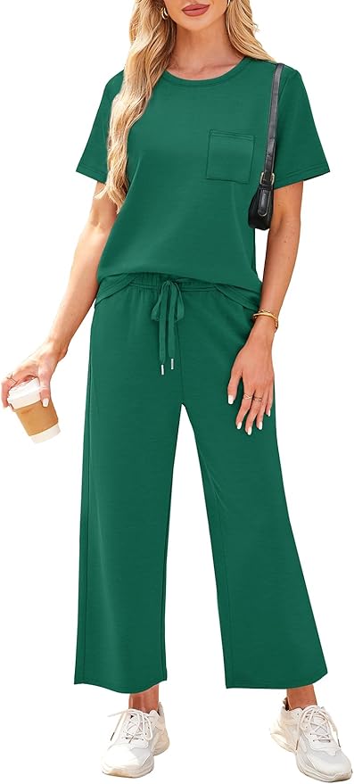 WIHOLL 2 Piece Sets for Women Casual Summer Travel Vacation Outfits Short Sleeve Wide Leg Crop Pants Lounge Sets
