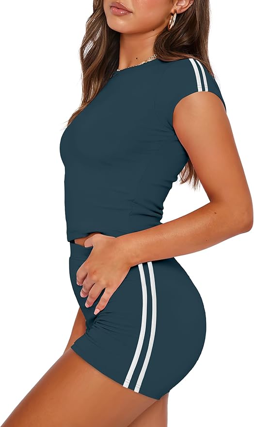 NIASHOT Womens Two Piece Lounge Sets Summer Contrast Side Stripes 2 Piece Workout Athletic Outfits Matching Clothing Set