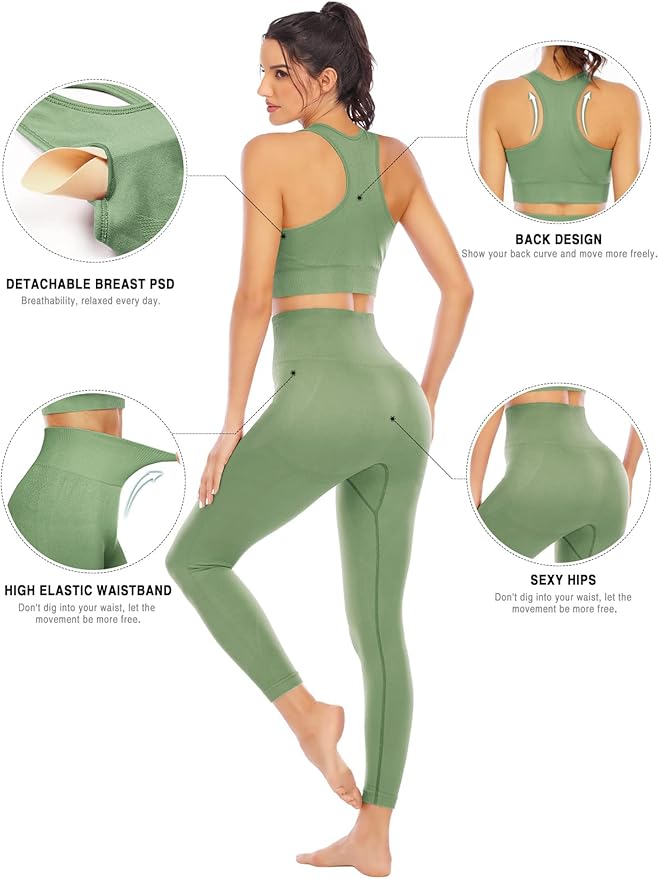 Workout Sets for Women 2 Piece High Waisted Seamless Leggings with Padded Stretchy Sports Bra Sets Gym Clothes