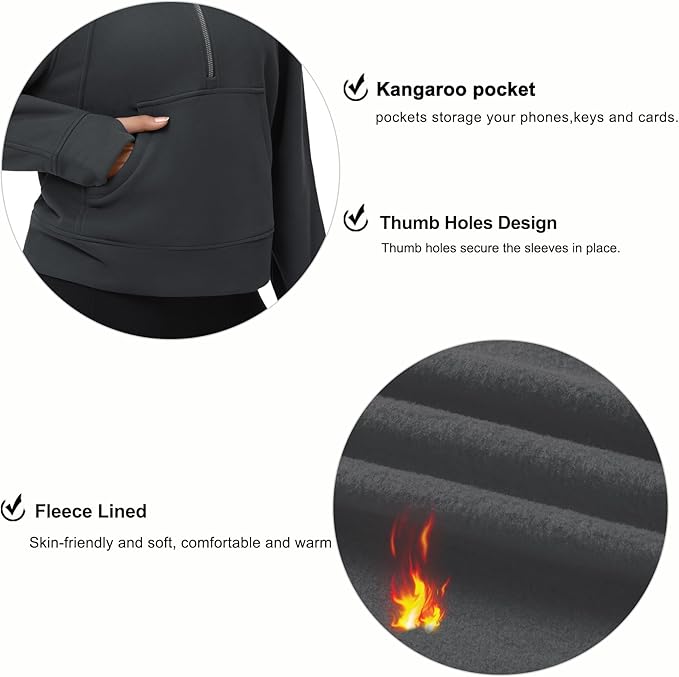 THE GYM PEOPLE Womens' Half Zip Pullover Fleece Stand Collar Crop Sweatshirt with Pockets Thumb Hole
