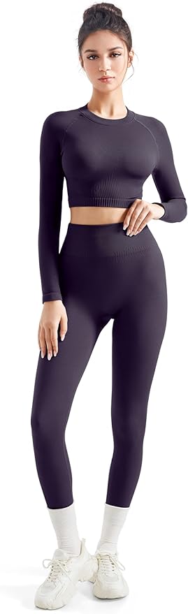 SUUKSESS Women 2 Piece Workout Sets Hidden Scrunch Hip Lifting Seamless Leggings Long Sleeve Yoga Crop Tops