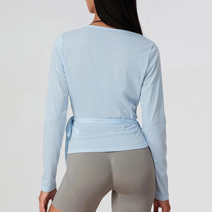 Women Ballet Wrap Top Long Sleeve Self Tie Dance Shirt Pilates Yoga Tops Y2k Workout Active Blouses