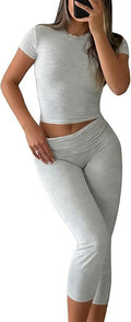 YETOWA Womens 2 Piece Workout Sets High Waisted Tummy Control Crop Top Capri Leggings Stretchy Soft Activewear