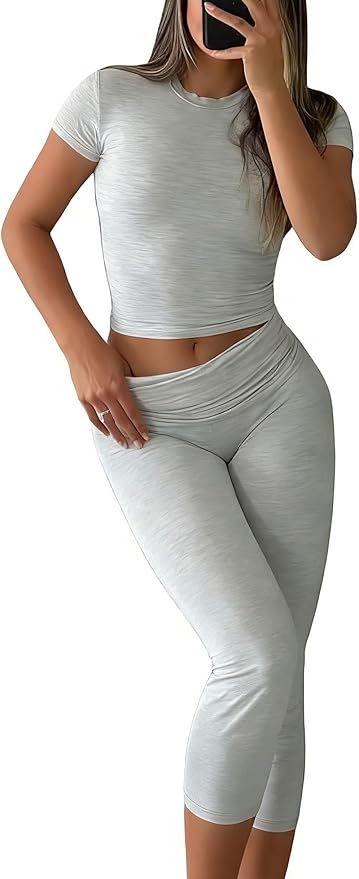 YETOWA Womens 2 Piece Workout Sets High Waisted Tummy Control Crop Top Capri Leggings Stretchy Soft Activewear