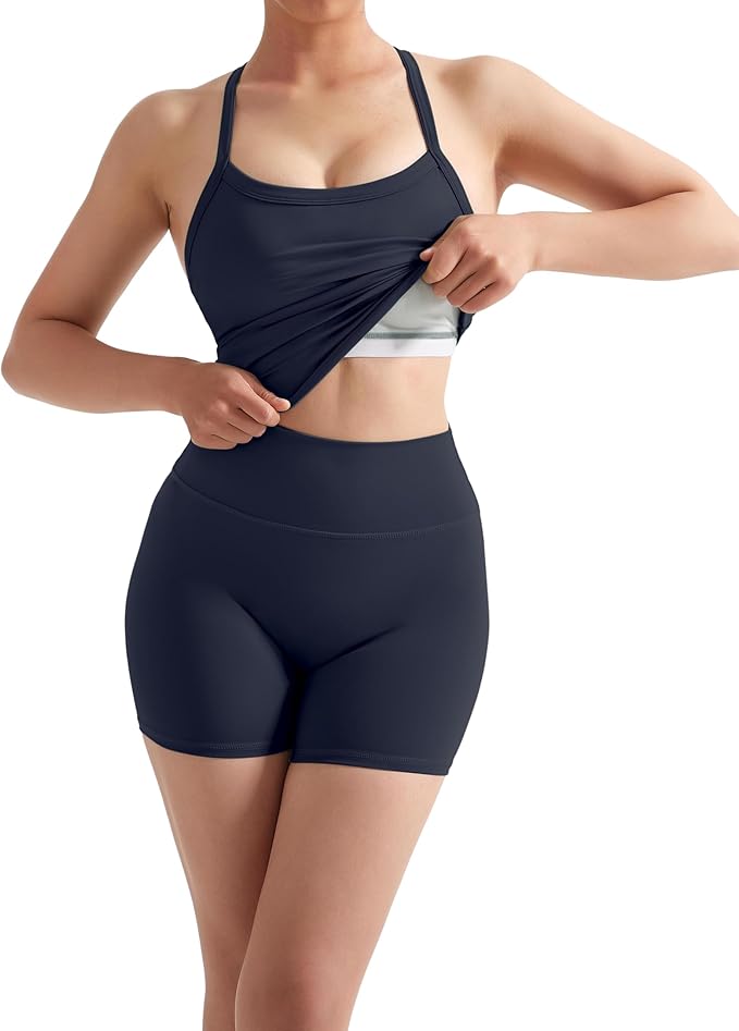 SUUKSESS Women 2 Piece Workout Sets High Waisted Tummy Control Biker Shorts Halter Padded Tank Tops