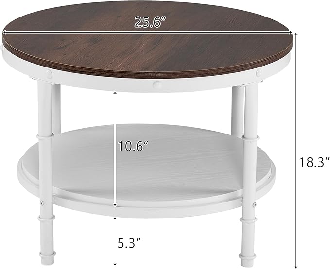 VINGLI 25.6" Rustic Oak White Round Farmhouse Coffee Table, 2-Tier Storage Wood Center Circle Accent Table for Living Room, Bedroom, Apartment, Studio and Small Spaces, Sturdy Metal Frame