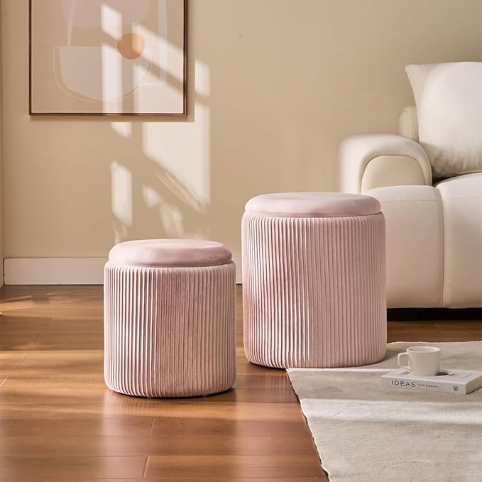 BLEXA Round Set of 2 Ottoman with Storage-Upholstered Velvet Vanity Stool for Makeup Multifunctional Ottomans Coffee Table Padded Seat Foot Rest for Living Room&Bedroom(Pink)
