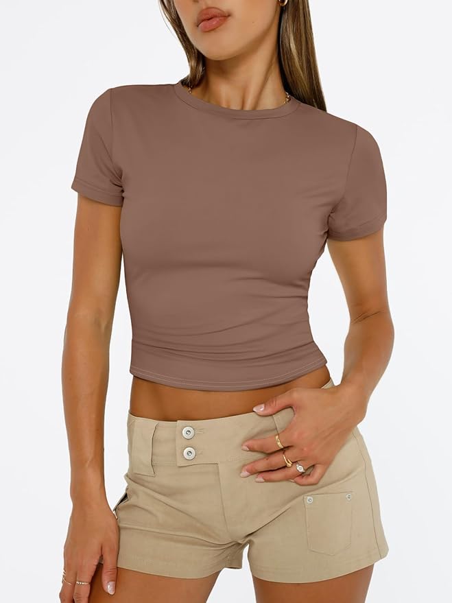 Trendy Queen Womens Short Sleeve T Shirts - Buttery Soft Summer Crop Tops Slim Fit Y2k Basic Tees for Workout