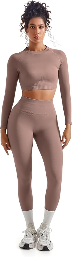 SUUKSESS Women 2 Piece Workout Sets Hidden Scrunch Hip Lifting Seamless Leggings Long Sleeve Yoga Crop Tops