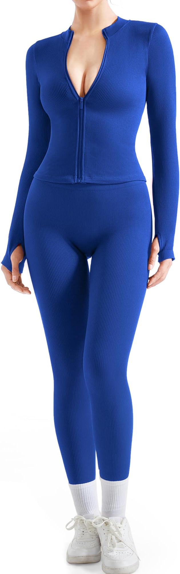 SUUKSESS Women 2 Piece Seamless Ribbed Workout Sets With Zip Up Jacket High Waisted Gym Yoga Leggings