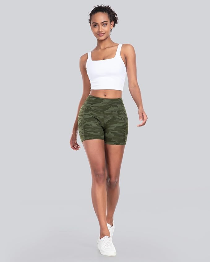 CHRLEISURE Womens Biker Yoga Shorts with Pocket, High Waisted Tummy Control 5 Inch Workout Spandex Athletic Gym Shorts