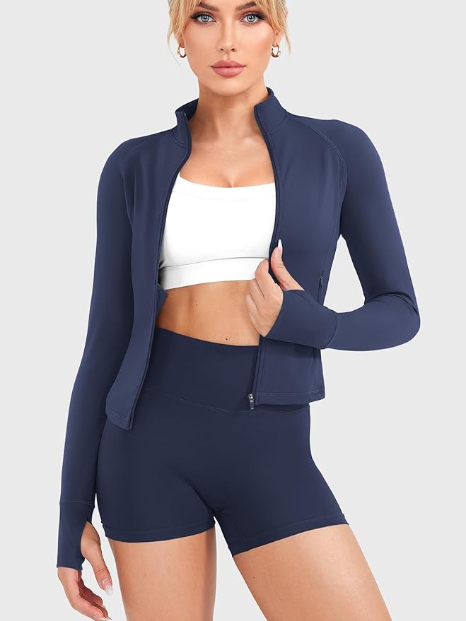 YEOREO Women Full Zip Workout Jacket with Pockets Thumb Hole Long Sleeve Athletic Cropped Jackets Gym Yoga Top