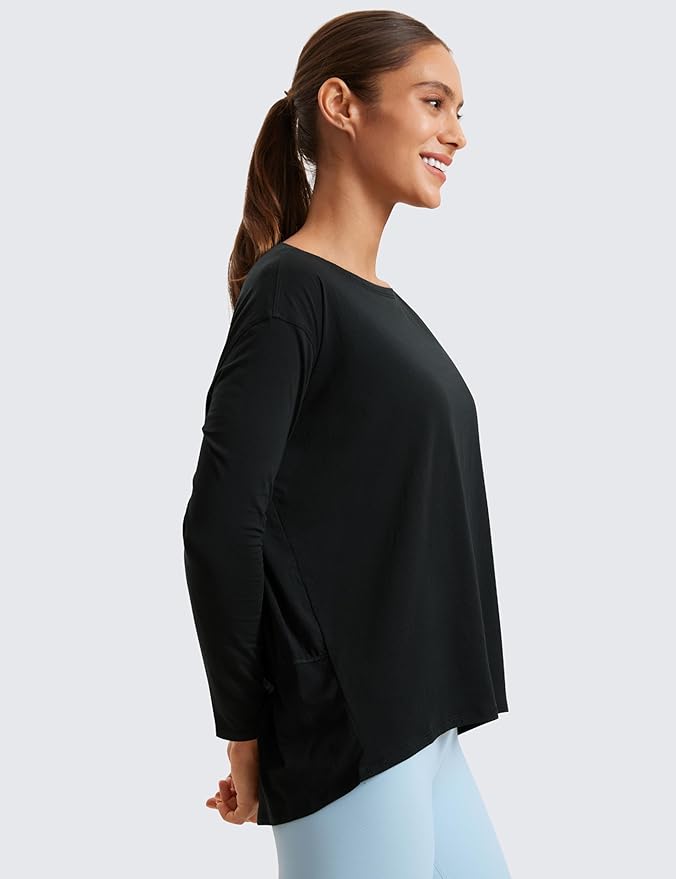 CRZ YOGA Pima Cotton Boat Neck Long Sleeve Shirts for Women - Workout Athletic Yoga Casual Tops Loose Fit Fall T-Shirts