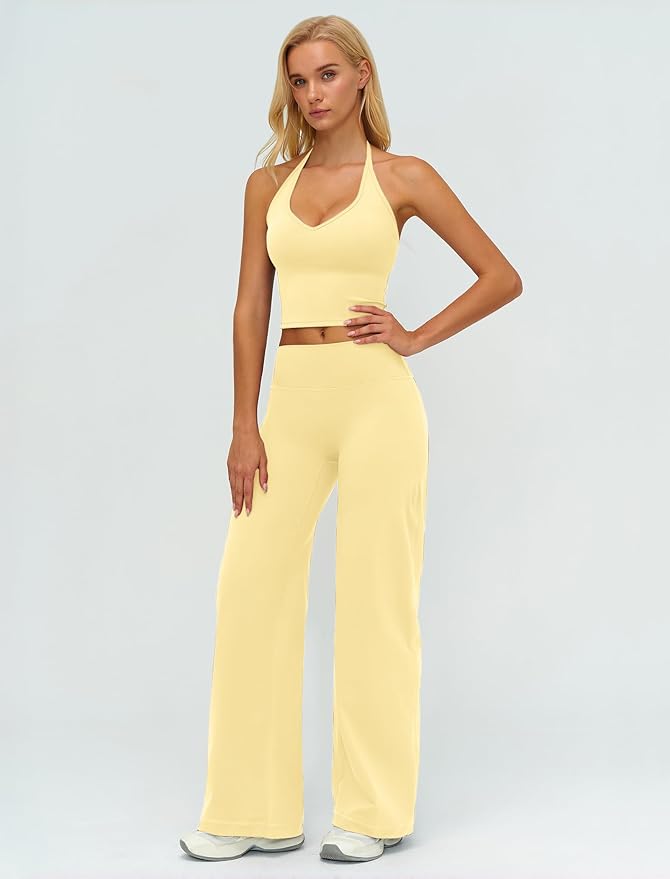 ABOCIW Womens Workout Sets 2 Piece Spaghetti Straps Crop Top Straight Leg Yoga Pants Yoga Pilates Outfits