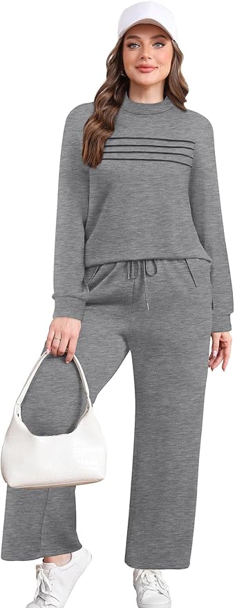 WIHOLL Two Piece Sets for Women Spring Travel Vacation Outfits 2026 Long Sleeve Lounge Sets Side Slit Wide Leg Pants S-3XL