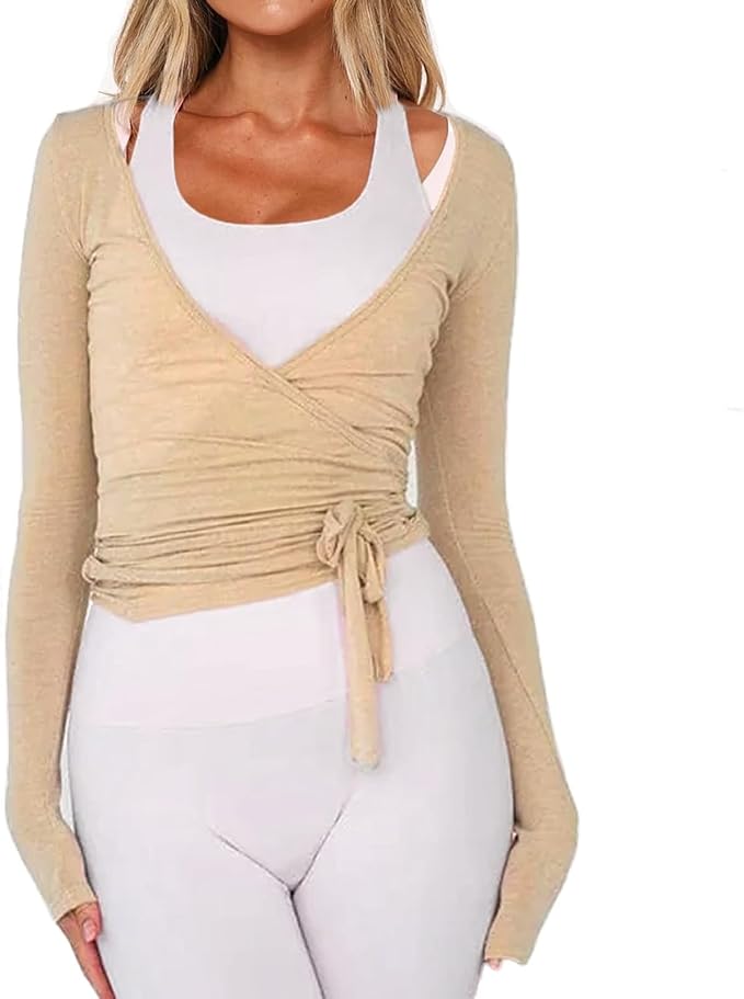 Women Wrap Tie Top Y2k Long SLeeve Ballet Workout Yoga Shirt Coquette Blouses