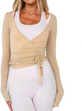 Women Wrap Tie Top Y2k Long SLeeve Ballet Workout Yoga Shirt Coquette Blouses