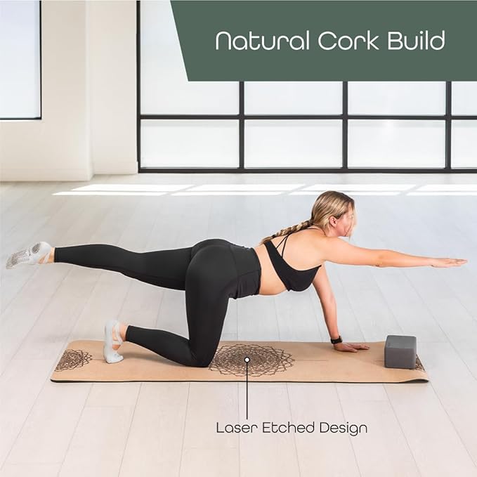 Workout Mat with Carrying Strap - 6mm Thick Cork Yoga Mat (72” x 24”) - Non-Slip Cork Mat for Home, Gym, Fitness & Hot Yoga - Lightweight, Cushioned, Durable & Sweat-Resistant by Fitby