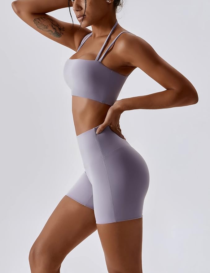ABOCIW Workout Sets for Women 2 Piece Twist Front Halter Sports Bras High Waist Biker Shorts Exercise Gym Yoga Outfit