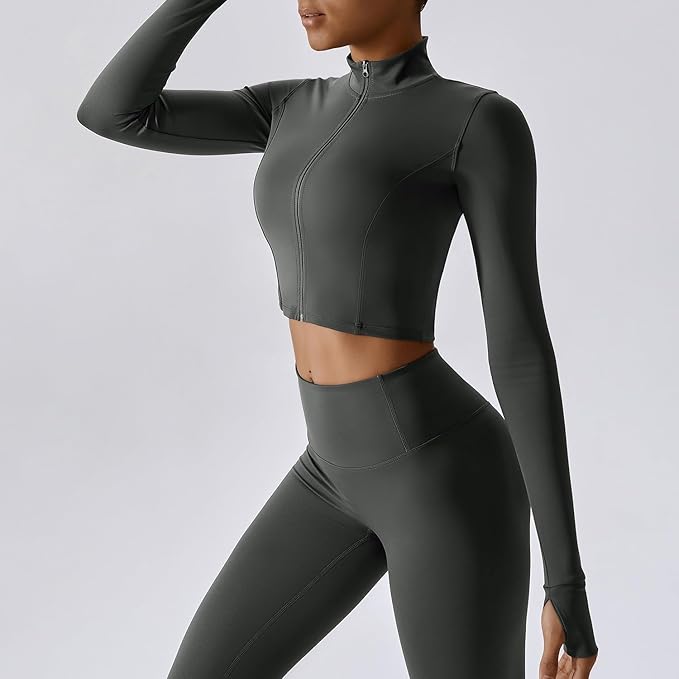 Yknktstc Womens Full Zip Athletic Jacket with Thumbhole Long Sleeve Crop Top Running Workout Yoga Sportswear Shirt