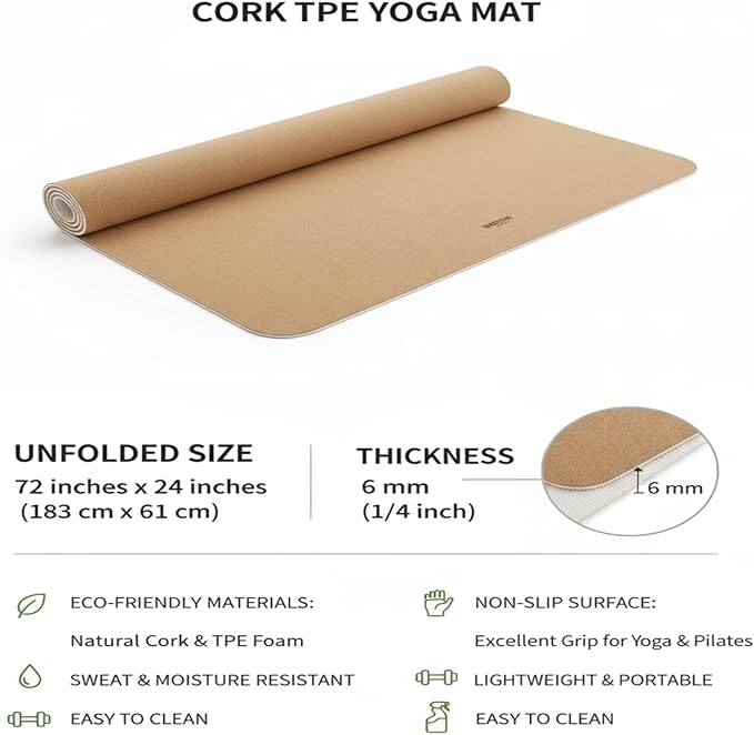 Cork Yoga Mat 6mm Extra Thick Cushioning High Density Natural Rubber Exercise Pad 72 x 24 Inch for Home Gym