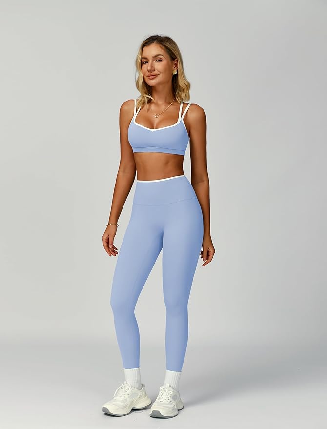 ABOCIW Two Piece Workout Sets for Women Color Block Strappy Sports Bra High Waist Leggings Yoga Pilates Outfits