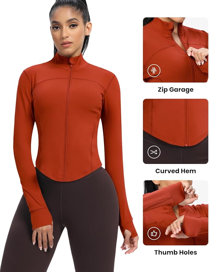 AVGO Women's Cropped Running Workout Jackets Zip Slim Fit Athletic Tops with Thumb Holes
