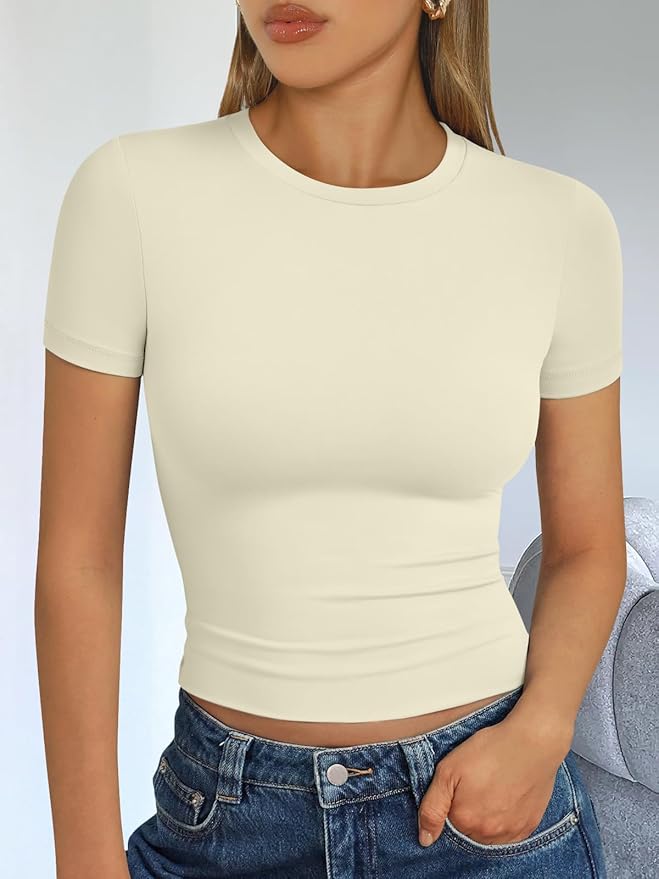 Trendy Queen Womens Short Sleeve T Shirts - Buttery Soft Summer Crop Tops Slim Fit Y2k Basic Tees for Workout