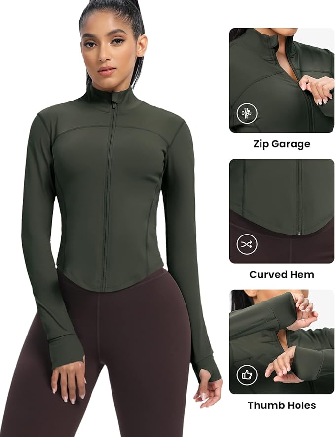 AVGO Women's Cropped Running Workout Jackets Zip Slim Fit Athletic Tops with Thumb Holes