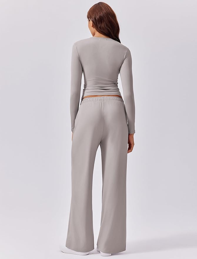 PINSPARK Women 2 Piece Lounge Set Long Sleeve Cropped Top Wide Leg Pants with Pockets 2024 Fall Outfits Matching Tracksuit