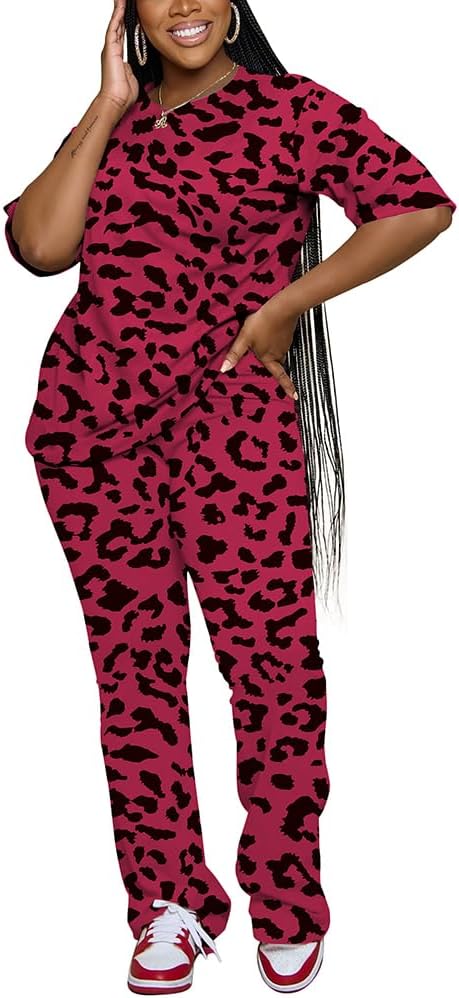 PINSV Women 2 Piece Outfits Short Sleeve Top and Flare Pants Lounge Sets Tracksuit