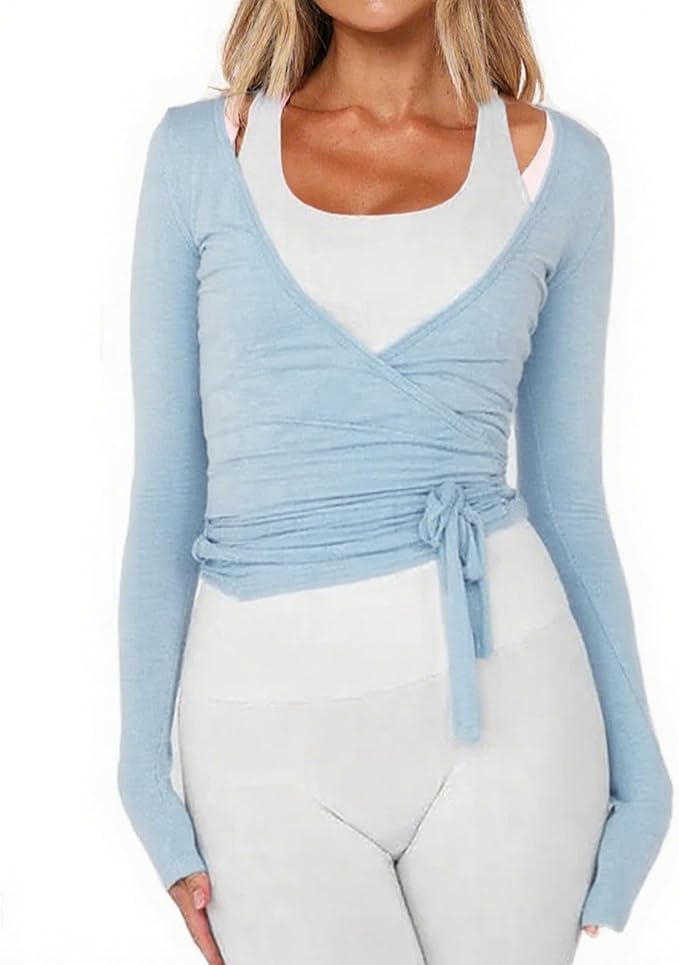 Women Ballet Wrap Top Long Sleeve Self Tie Dance Shirt Pilates Yoga Tops Y2k Workout Active Blouses