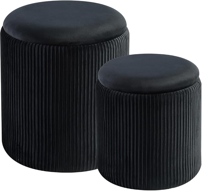 BLEXA Round Set of 2 Ottoman with Storage-Upholstered Velvet Vanity Stool for Makeup Multifunctional Ottomans Coffee Table Padded Seat Foot Rest for Living Room&Bedroom (Black)