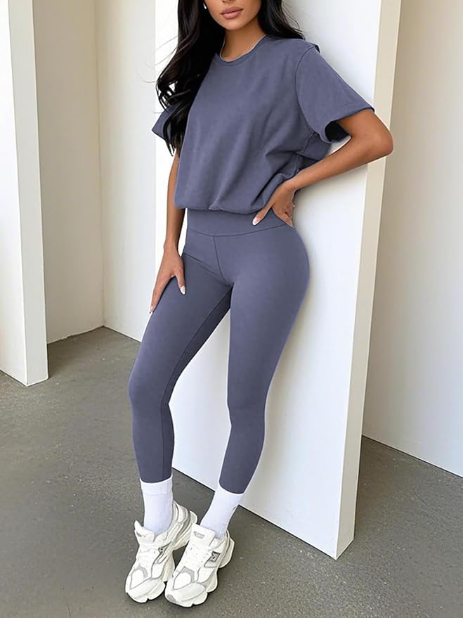 ZFLM casual sportswear 3-piece set high waist tight pants yoga pants short sleeved round neck yoga set