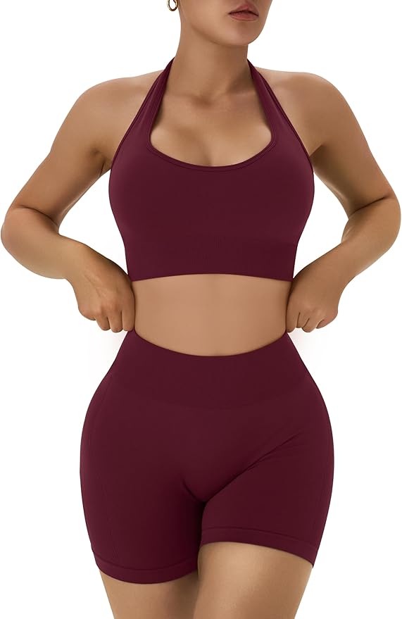 OLCHEE Workout Sets for Women 2 Piece Backless Halter Sports Bra High Waist Booty Shorts Yoga Gym Outfits Lounge Activewear