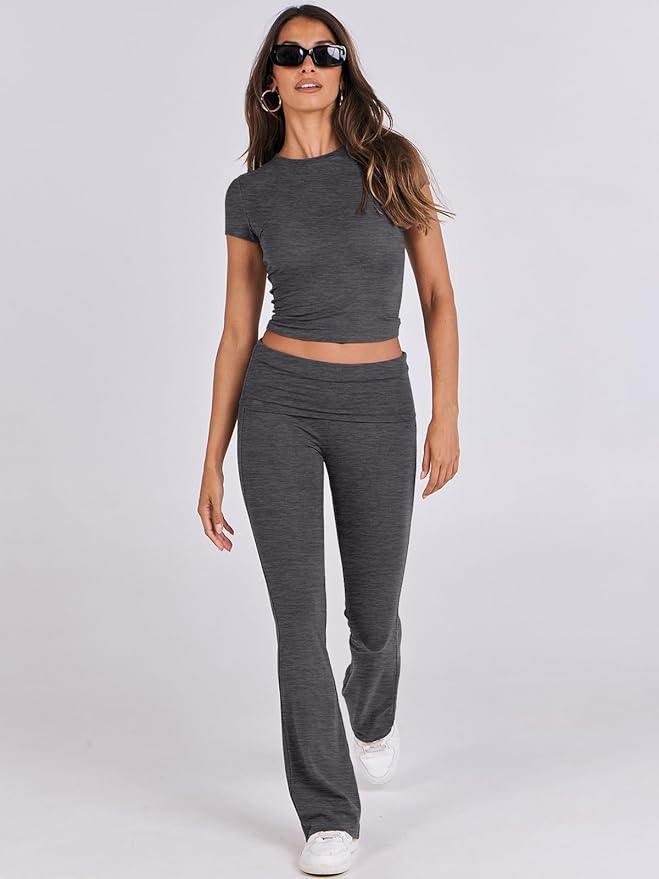 ANRABESS Lounge Sets for Women 2 Piece Foldover Yoga Flare Leggings Pants Crop Tops Casual Y2K Outfits Matching Tracksuit Set