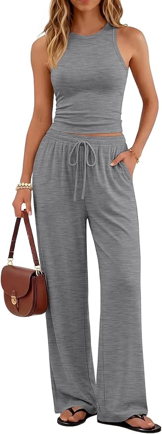 Trendy Queen Women's 2 Piece Summer Lounge Sets Butter Soft Tank Top & High Waisted Wide Leg Pants with Pockets