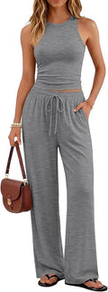 Trendy Queen Women's 2 Piece Summer Lounge Sets Butter Soft Tank Top & High Waisted Wide Leg Pants with Pockets