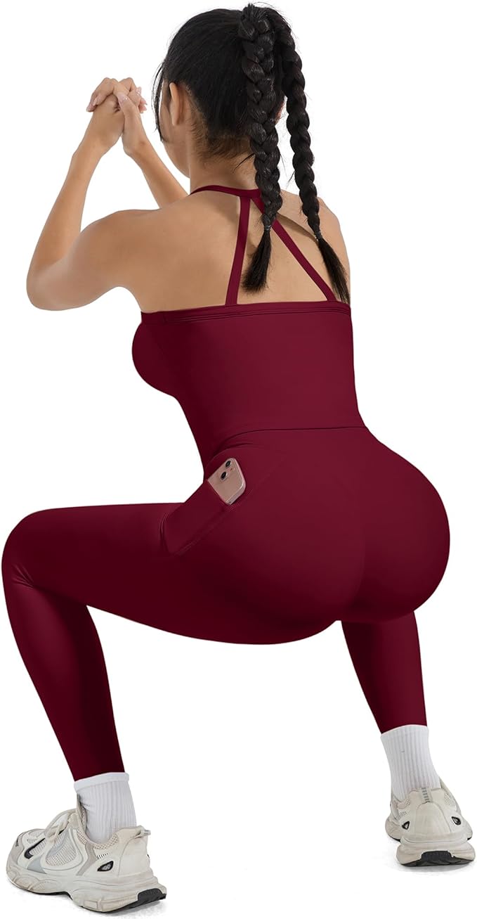 SUUKSESS Women 2 Piece Workout Sets Compression Tummy Control Leggings with Pockets Halter Built in Bra Tank Tops