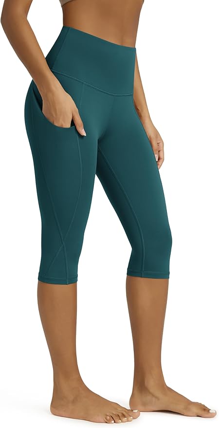 ODODOS Women's High Waisted Yoga Capris with Pockets, Tummy Control Non See Through Workout Athletic Running Capri Leggings