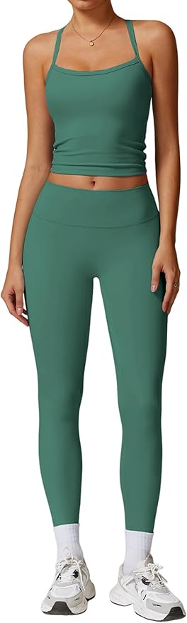 QBGJTD Womens Workout Sets Two Piece Cross Back Tank Top Matching High Waist Leggings Sets Gym Outfits Work Out Clothes
