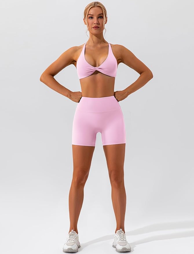 ABOCIW Workout Sets for Women 2 Piece Twist Front Halter Sports Bras High Waist Biker Shorts Exercise Gym Yoga Outfit